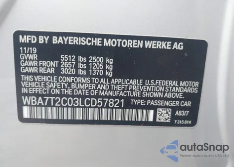 2020 BMW 740I из США, поврежденный, VIN WBA7T2C03LCD57821